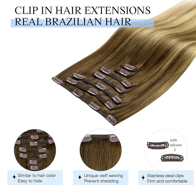 DOORES Remy Human Hair Extensions Clip in, Medium Brown Highlighted Dirty Blonde 16 Inch 7pcs 120g, Clip in Hair Extensions Real Natural Hair Extensions Straight Thick
