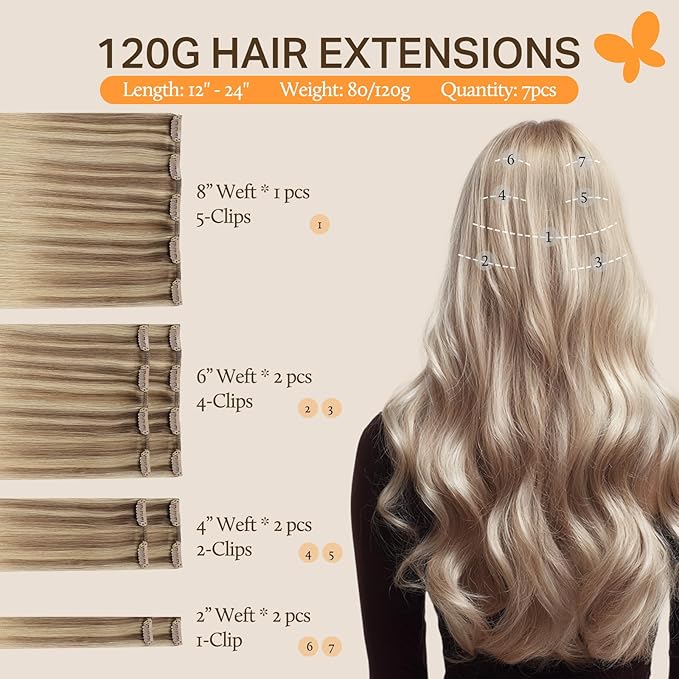 DOORES Hair Extensions Clip in Human Hair, Balayage Medium Copper to Sandy Blonde 18 Inch 120g 7pcs, Clip in Hair Extensions Remy Weft Natural Straight Weft for Women