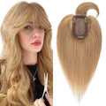 SEGO Hair Toppers for Women Real Human Hair with Thinning, with Front Bangs Clip in Toppers Straight 150% Density Silk Base -18 Inch #27 Dark Blonde