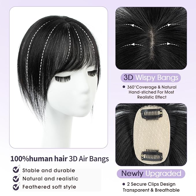 Jet Black Real Human Hair Topper with Bangs Covers Thinning Crown, Receding Hairline for Women 10inch Clip-In Hair Topper for Thinning Hair