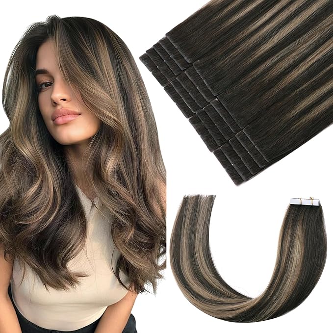 Pinkpearl Invisible Tape in Hair Extensions Human Hair, 20pcs 20inch 55g #2/6/2 Balayage Dark Brown to Chestnut Brown Injection Tape in Extensions Real Remy Human Hair Injected