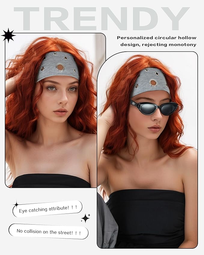 Grommet Headband for Women, Grey Star 23cm Hollow Out Elastic Hair Band, Eyelets Punk Grunge Stylish Hairband