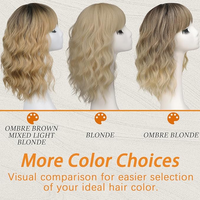 Nnzes Short Wavy Bob Wig with Bangs for Women Shoulder Length Curly Blonde Synthetic Heat-Resistant Fiber Hair for Daily & Party Use