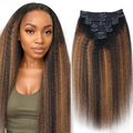 F1B/30 Omber Kinky Straight Clip in Hair Extensions Real Human Hair For Women Highlight Hair Extensions Kinky Straight Clip ins(20inch,T1BP1B/30)