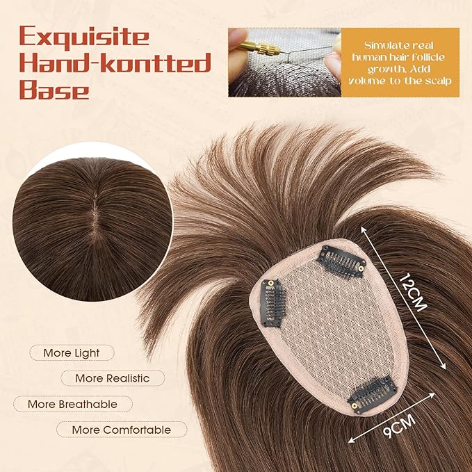 Rich Choices Human Hair Toppers for Women-100% Real Remy Hair Topper with 3D 360°Bang-Upgraded 150% Density 9 * 12CM Lace Base-Clip in Hairs topper for Thinning Hairs-14Inch #2R Chocolate Brown