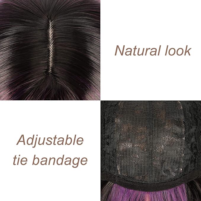 FAELBATY Purple Wig With Bangs Short Bob Synthetic Cosplay Wig for women Costume Wigs (12" Ombre Dark Purple Color)