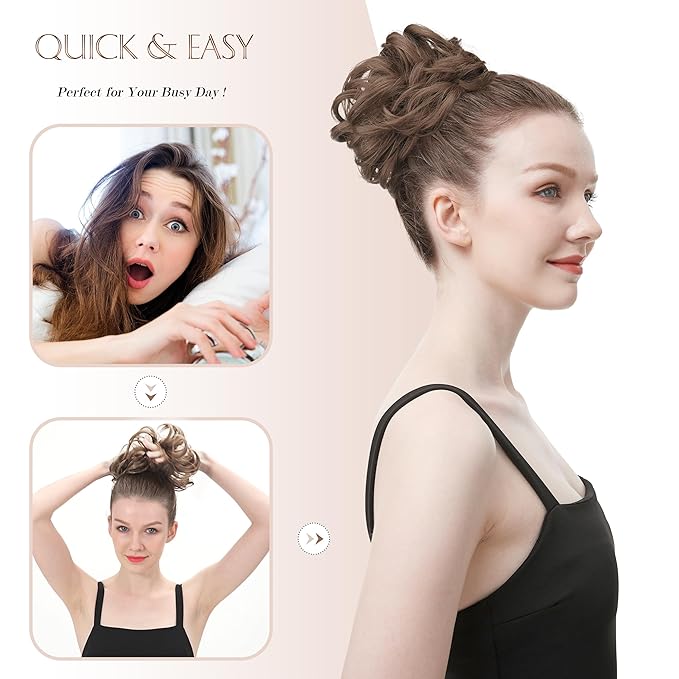 FESHFEN Messy Bun Hair Piece - Elastic Wavy Curly Hair Bun Scrunchies Extensions Synthetic Chignon Hairpieces for Women Girls, Light Golden Blonde 1.5 oz