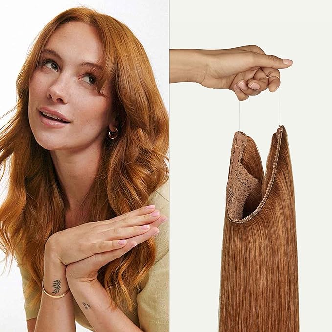 Luxy 100% Remy Human Hair – Halo Clip-In Hair Extensions –Natural Looking Volume & Length - One-Piece - Easy 5-Min Application 150 grams 12" Natural Red Halo