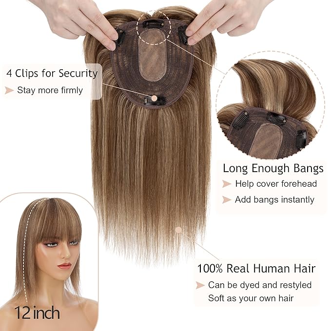 Hair Toppers for Women Real Human Hair With Bangs, 13 * 15 cm Larger Silk Base 150% Density Clip In Topper Hairpieces, Wiglet Top Pieces Add Volume -10 Inch 4P27 Medium Brown&Dark Blonde