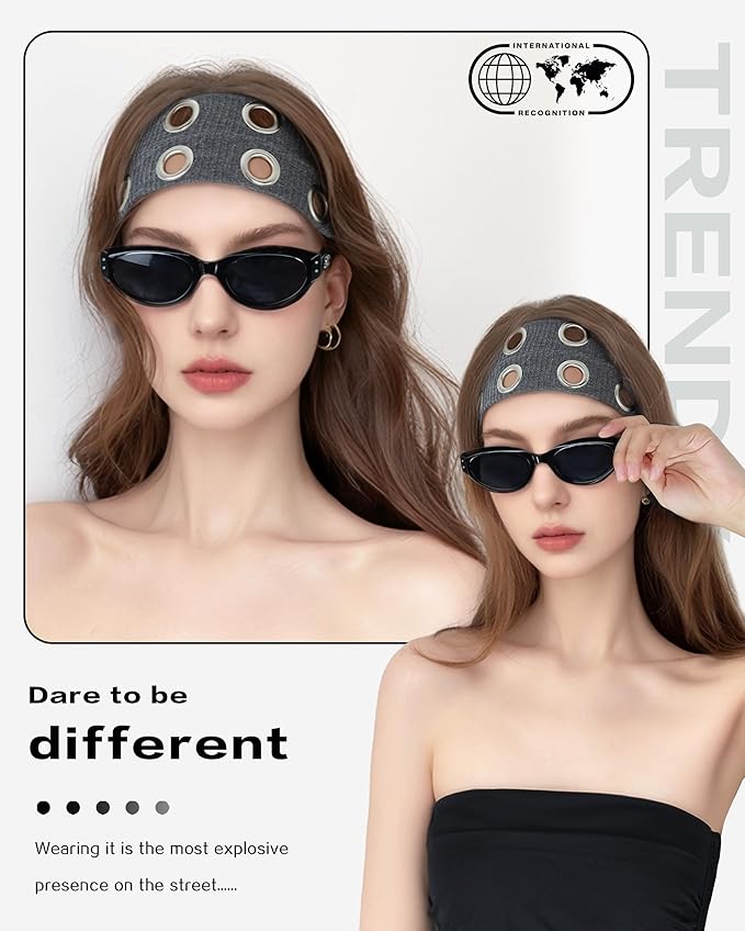 Grommet Headband for Women, Wide Grey 20cm Hollow Out Elastic Hair Band, Eyelets Punk Grunge Stylish Hairband