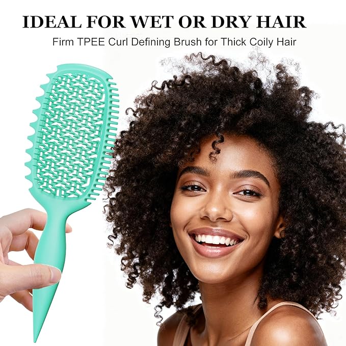 Curl Defining Brush for Thick Coily Hair, Firm-Bristle TPEE Detangling Brush for Coarse 4A–4C Curls, Dual-Sided Wide & Narrow Tooth Brush for Wet & Dry Curl Shaping– Women & Men (Aqua Mint)
