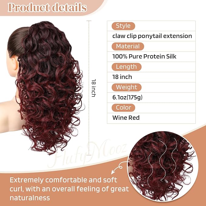 Flufymooz 100％ Pure Protein Ponytail Extension, 18 Inch Curly Claw Clip Ponytail Hair Extensions Natural Soft pony tail hairpiece for women-Wine Red