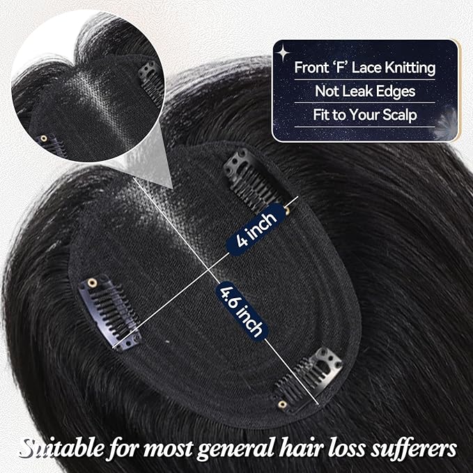 starluck Human Hair Toppers for Women with Thinning Hair, 14 Inch Real Hair Topper, 4.6x4 Inch SilkHug Swiss Lace Base Hairpiece, With Bangs (Black)