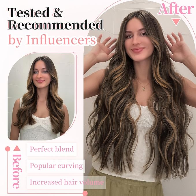 KooKaStyle Clip in Hair Extensions Long Wavy 4PCS Thick Hairpieces Synthetic Highlight Hair Extensions Balayage Dark Brown to Chestnut H2/426 Fiber Double Weft Natural 24Inch for Women