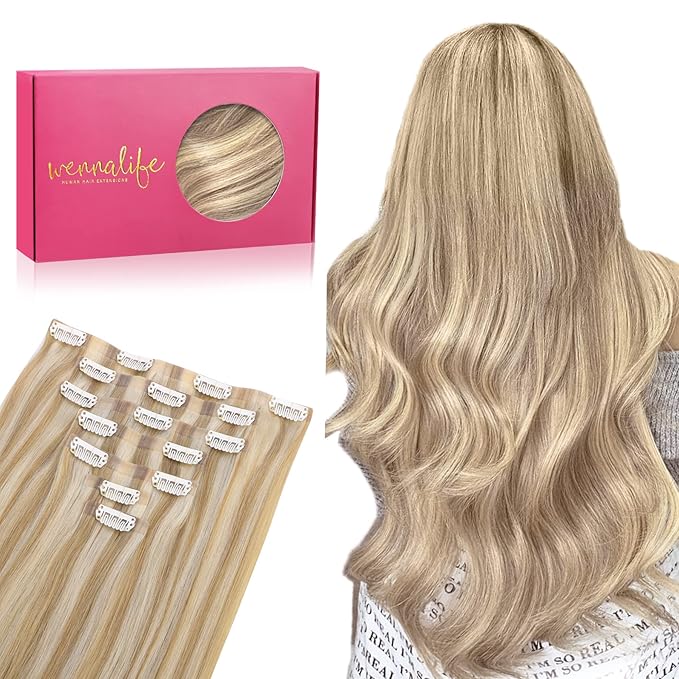 WENNALIFE Seamless Clip In Hair Extensions, 14 Inch 130g 7pcs Dirty Blonde Highlighted Bleach Blonde Hair Extensions Clip in Human Hair Invisible PU Skin Weft Natural Remy Human Hair Extensions