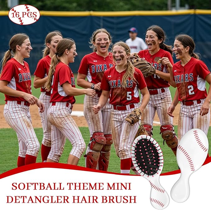 16Pcs Baseball Mini Detangler Brushes Sports Theme Mini Travel Hair Brush Soft Flexible Bristles Plastic Brush for Baseball Team Gift Sport Party Favors