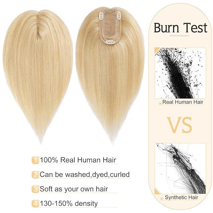 SEGO Human Hair Toppers for Women With Thinning Hair, 7 * 13CM Silk Base 100% Real Human Hair Clip in Top Wiglet Hairpieces -10 Inch No Bangs Ash Blonde&Bleach Blonde