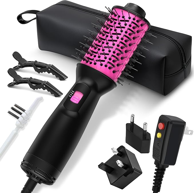 Dual Voltage Travel Hair Dryer Brush (100V-240V), Automatic Hot Air Brush with EU&UK Plug, 2 Inch Oval Barrel One Step Blow Dryer Brush and Negative Ion Anti-frizz Styling Brush