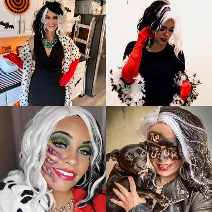 BUFASHION 14" Women Short Black and White Kinky Straight Cosplay Synthetic Wigs With Air Bangs 46 Colors Available (White with Black)