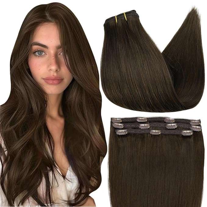 Full Shine Brown Human Hair Clip in Extensions 20 Inch Straight Dark Brown Clip in Hair Extension Lace Weft Real Human Hair Clip ins for Thin Hair 3 PCS 60 G