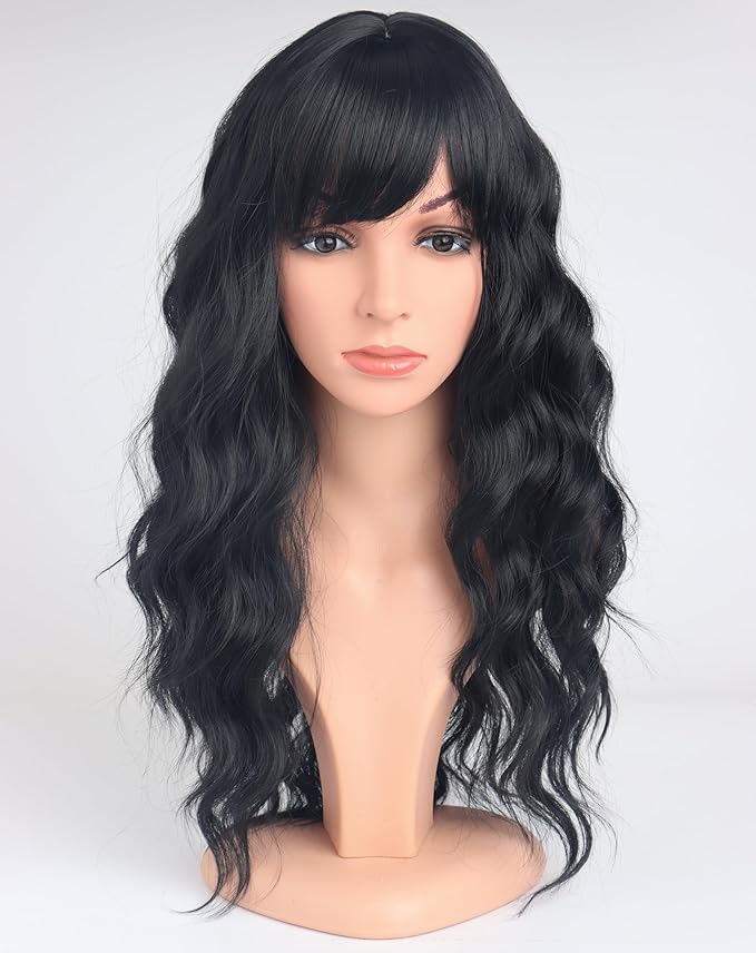 Black Wavy Wigs with Bangs for Women Glueless Black wigs Synthetic Long Black Wigs Natural Looking Heat Resistant for Daily Party Use 18 Inches