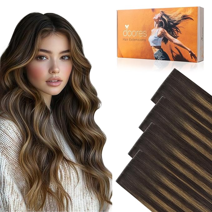DOORES Invisi Edge Tape in Wide Hair Extensions Human Hair, Dark Brown to Chestnut Brown 4PCS Injection Tape ins 20g 22 Inch, Virgin Human 3 Inch Wide Injected Extensions Invisible