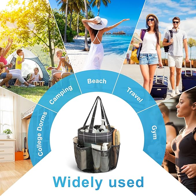 Mesh Shower Caddy Portable, Bathroom Caddy Organizer for College Dorm Essentials, Hanging Shower Tote Bag with 7 Pockets for Beach, Swimming, Gym camping Grey Black Checkered