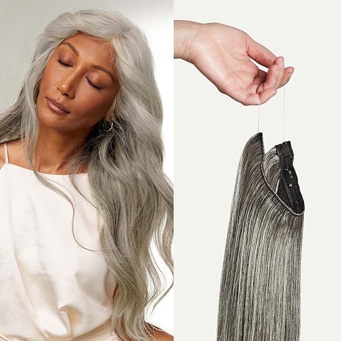 Luxy 100% Remy Human Hair – Halo Clip-In Hair Extensions –Natural Looking Volume & Length - One-Piece - Easy 5-Min Application 140 grams 16" Light Gray Halo