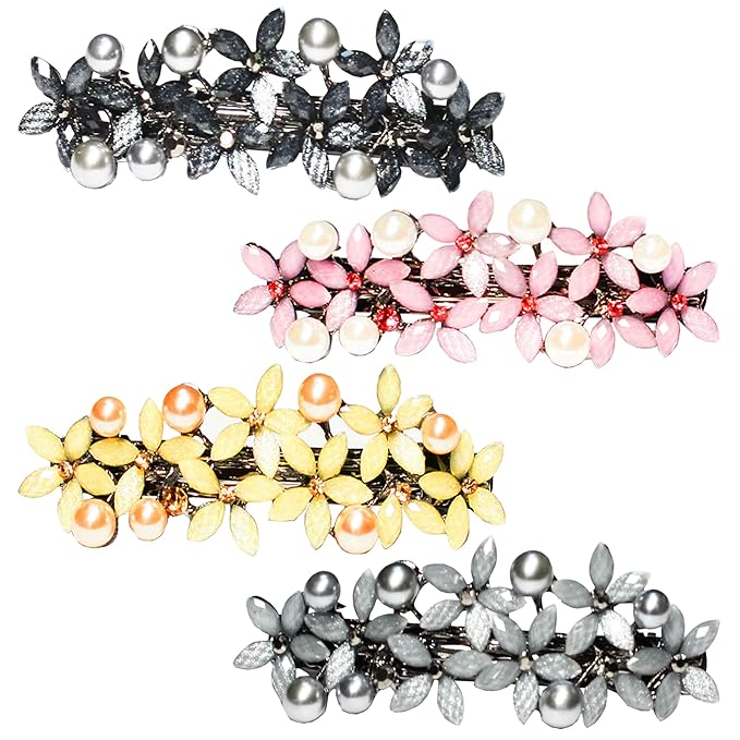 Hair Clips, 4PCS Rhinestone Pearl Hair Barrettes for Women Girls, Sparkly Glitter Rhinestones Flowers Hairpin French Style Hairclips Vintage Hair Accessories