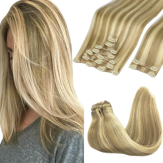 GOO GOO Clip in Hair Extensions Real Human Hair, Remy Human Hair Extensions Clip ins for Women, Natural Human Hair, 22inch 150g 9Pcs, 16/22 Light Blonde Highlighted Golden Blonde