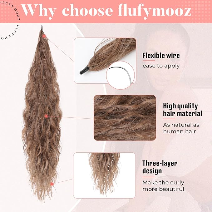 Flufymooz Ponytail Extension, Flexible Wrap Around Ponytail Extension Long Wavy Curly Ponytail Hair Extensions Natural pony tail Synthetic Hairpiece for Women 26 Inch (Chocolate Brown to Light Brown)