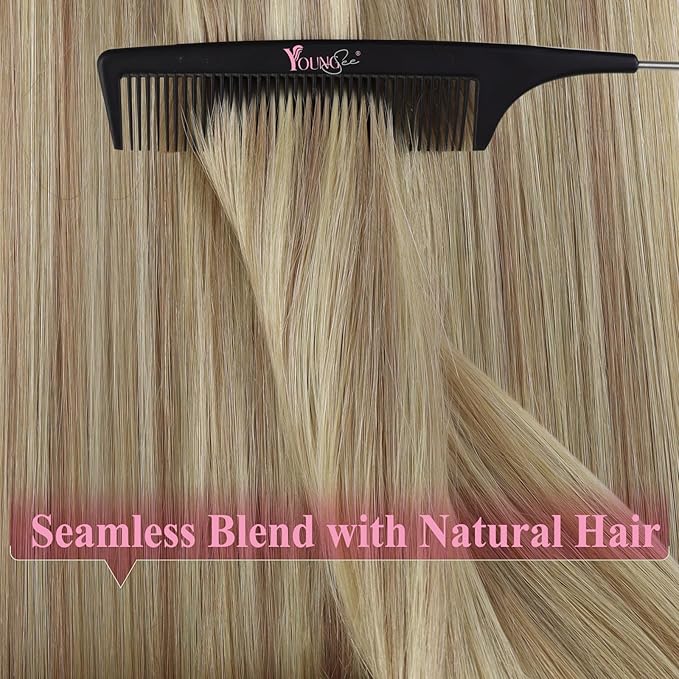 YoungSee Invisible Tape in Hair Extensions Blonde Highlight Hair Extension Tape ins Golden Blonde Highlight Real Hair Tapes on Hair Extensions Human Hair SIlky Straight 18 Inch 20pcs 50g