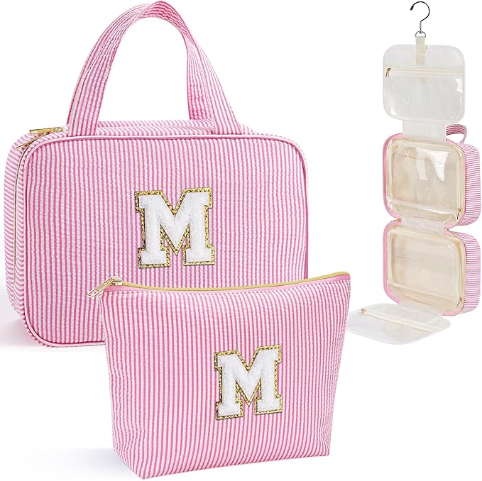 YOOLIFE Christmas Gifts for Women Stocking Stuffers, Initial Hanging Toiletry Bag for Women, Travel Toiletry Bag, Birthday Gifts for Mom Daughter Sister Friends, Letter M, Pink