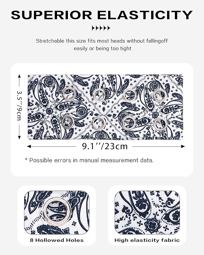 Grommet Headband for Women, White Paisley 23cm Hollow Out Elastic Hair Band, Eyelets Punk Grunge Stylish Hairband