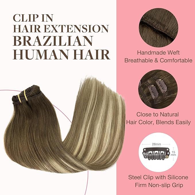 GOO GOO Clip in Hair Extensions Real Human Hair, Remy Human Hair Extensions Clip ins for Women, Natural Human Hair, 24inch 170g 7Pcs, #3/8/613 Balayage Walnut Brown to Ash Brown and Bleach Blonde