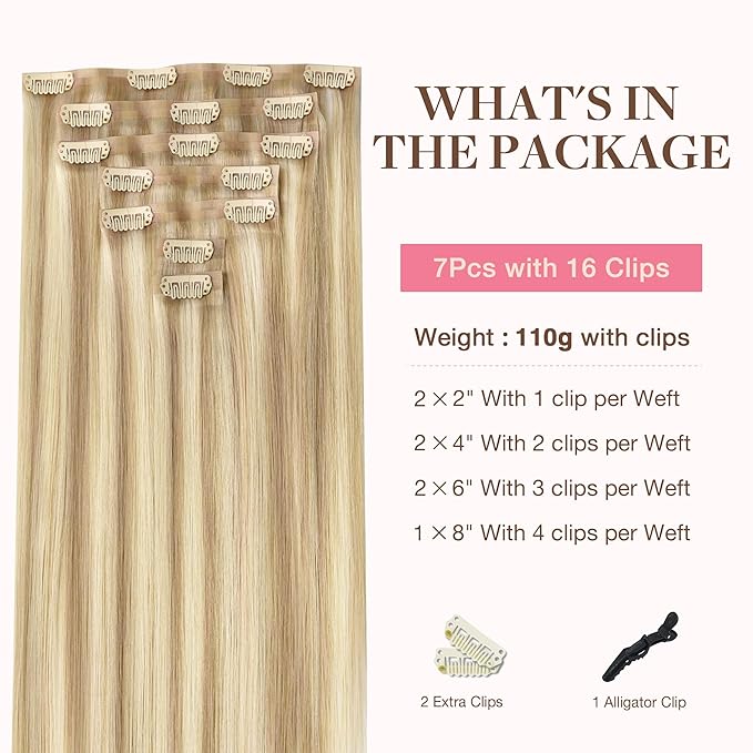 GOO GOO Clip in Hair Extensions Real Human Hair, Remy Human Hair Extensions Clip ins for Women, Natural Human Hair, 22inch 110g 7Pcs, 18A/613A Dark Blonde Highlighted Bleach Blonde