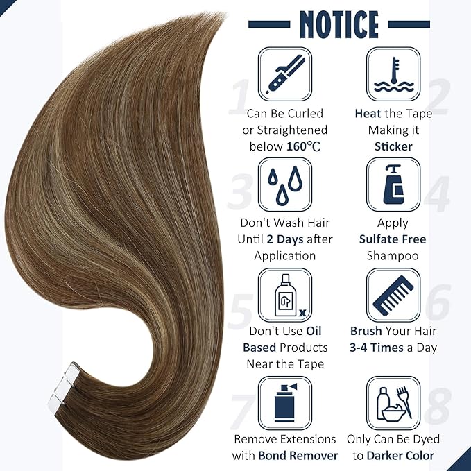 Full Shine Seamless Tape in Hair Extensions Human Hair Color 4/24/4 Medium Brown to Honey Blonde 14Inch Invisible Human Hair Extensions Tape in 20Pcs 50Gram Double Sided Tape in Hair Extensions