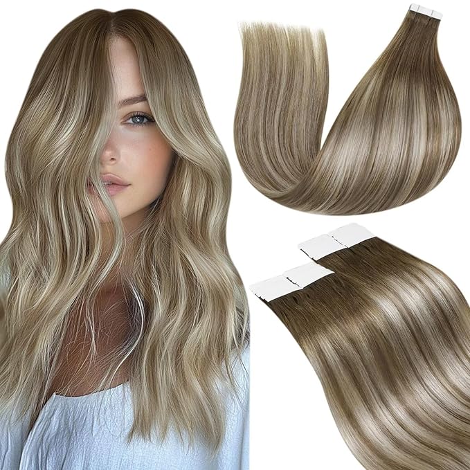 LaaVoo Tape in Hair Extensions Human Hair Balayage Hair Extensions Tape in Light Brown Fading to Platinum Blonde with Brown Tape on Extensions Soft Hair 18inch 20pcs 50g