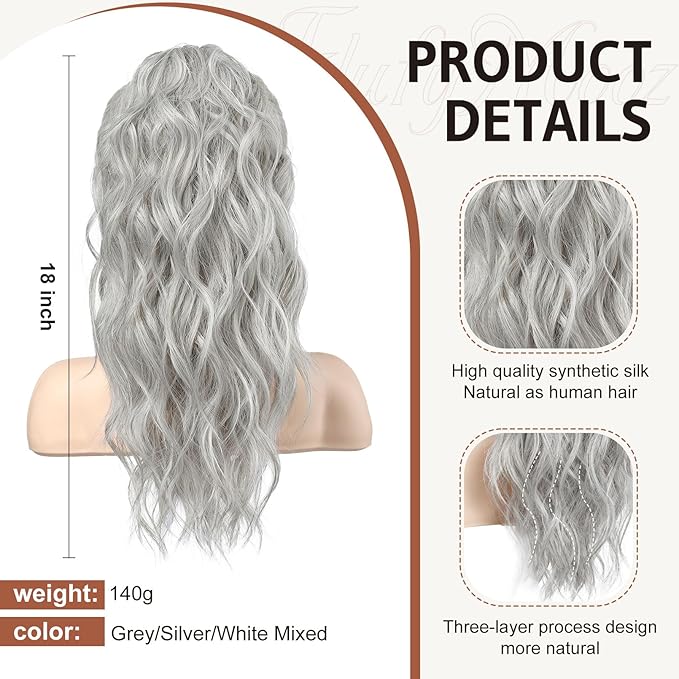 FLUFYMOOZ Ponytail Extension, 18 Inch Claw Clip Ponytail Extension, Wavy Curly Claw Clip in Ponytail Hair Extensions, Natural Fake Ponytail Synthetic Hairpiece for Women (Grey/Silver/White Mixed)