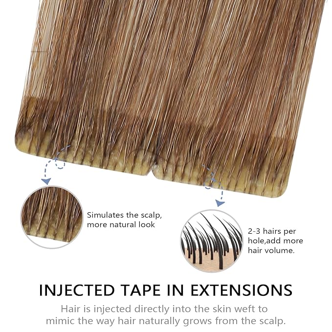 COOKAYU Invisi Edge Tape in Hair Extensions, Tape in Human Hair Extensions Walnut Brown to Ash Brown and Blonde Seamless Injected Human Hair 20pcs/pack 22Inch 50g