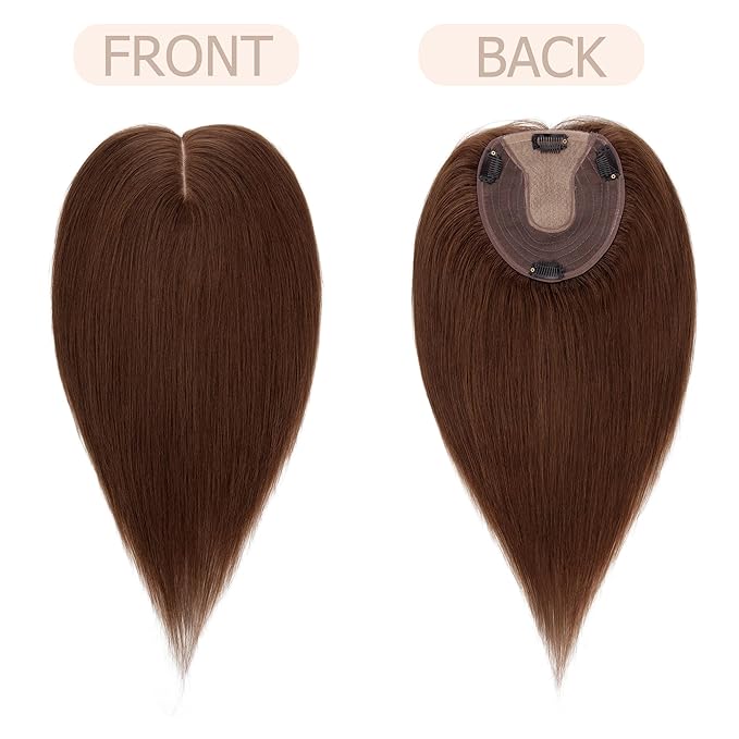 Hair Toppers for Women Real Human Hair No Bangs, 13 * 15 cm Larger Silk Base 150% Density Clip In Topper Hairpieces, Wiglet Top Pieces Add Volume -10 Inch 04 Medium Brown