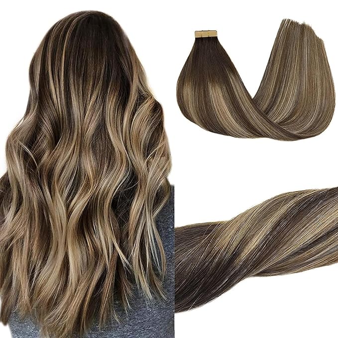 GOO GOO Tape in Hair Extensions Human Hair, 4/26/4 Balayage Chocolate Brown to Honey Blonde, 24inch 50g 20pcs, Skin Weft Seamless Invisible, Silky Straight with Thick Ends, Remy Human Hair