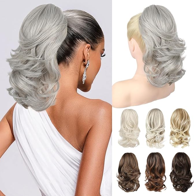 Ponytail Extension - 14" Claw Clip in Ponytail Hair Extensions Natural Soft Synthetic Layered Wavy Pony Tail Hair Pieces for Women - Silver Grey