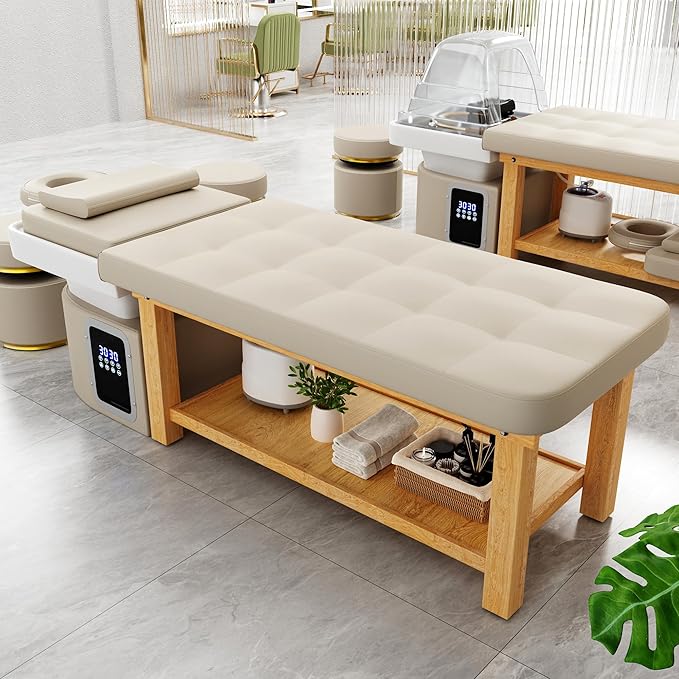 Hair Washing Head Spa Stationary Massage Table with Water Cycle & Fumigation Salon Equipment for Beauty Head Spa Physical Therapy Massage, Wood Frame, PU Leather - Beige Gray