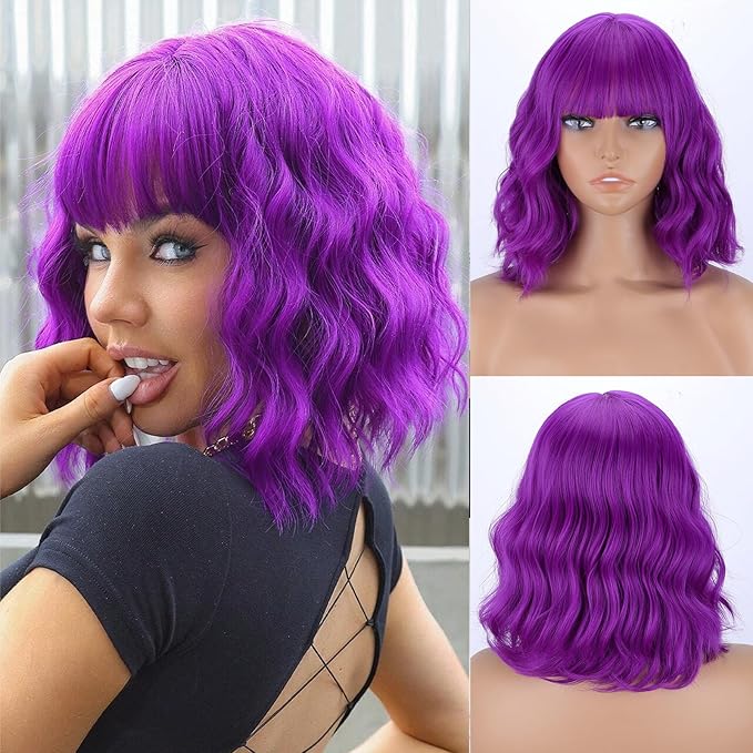 MISSQUEEN Short Dark Purple Wigs with Bangs for Women Loose Wavy Purple Wig Curly Shoulder Length Synthetic Cosplay Bob Purple Wavy Wig for Girl Colorful Costume Wigs