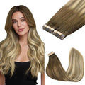 GOO GOO Tape in Hair Extensions Human Hair, 3/8/613 Walnut Brown to Ash Brown and Bleach Blonde, 18inch 100g 40pcs, Skin Weft Seamless Invisible, Silky Straight with Thick Ends, Remy Human Hair