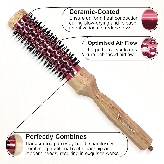 SUNBIRD Small Round Brush for Blow Drying - Wood Handle Professional Blowout Brush with Aluminium Ceramic Ionic Thermal Barrel for Smooth Hair, Volume & Heat Curly Styling (Outer Diameter1.5Inch)