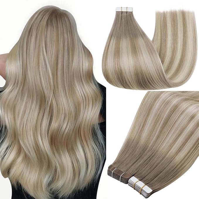 Full Shine Balayage Tape in Extensions Color 19/8/60 Tape in Hair Extensions Human Hair 22Inch Seamless Skin Weft Double Sided Adhesive Extension for Daily Office Look 40Pcs 100G