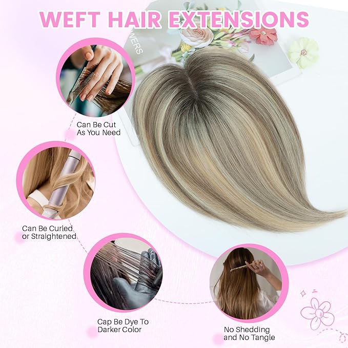 YAMI Hair Toppers for Women Fluffy Human Hair Topper 10inch Handmade Swiss Base Hairpieces 360° Cover Hairloss (Ombre Brown with Blonde Highlight)