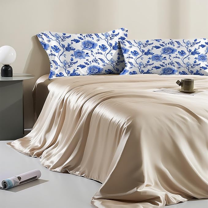 Satin Pillowcase 1 Pack-Vintage Blue Floral Silky Pillow Cover for Hair and Skin,King Size 20x36 Inch Soft Cooling Printed Pillow Cases with Hidden Zipper,Gifts for Women Men